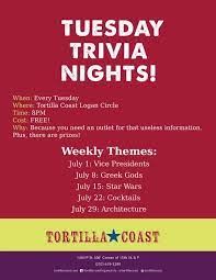 Tortilla Coast On Twitter Here Are July S Trivia Night Themes At Tc Logan Circle Join Us Tonight For Vp Trivia Http T Co Hzq5hzgaxw Twitter
