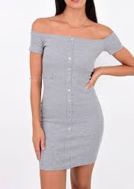 Polyester, livraison sous 20 jours. Robe Grise Epaules Denudees Avec Boutons Outfitbook