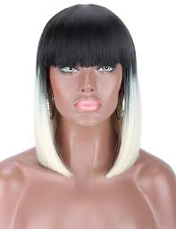 Blonde bangs for black girl. Kalyss Short Ombre Platinum Blonde 2 Tones Black To Blonde Bob Wigs With Hair Bangs Heat Resistant Yaki Synthetic Straight Hair Wigs For Women Buy Online In Burkina Faso At Burkinafaso Desertcart Com Productid