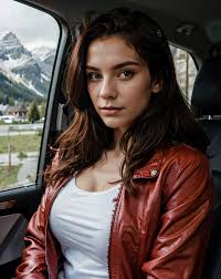 Make a woman with big breast, Red long winterjacket , with open zipper -  SeaArt AI