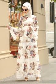 Nayla Collection Nayla Collection Volan Kol Cicek Desenli Ekru Tesettur Elbise 100427e Modest Dresses Muslim Fashion Hijab Outfits Fashion Design Clothes