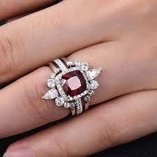 Unique Wedding Ring Set 8mm Cushion Red Garnet Crown Curved Cz Diamond Wedding Band Garnet Wedding Set Sterling Silver Rings Wedding Rings Unique Wedding Ring Sets Unique Gold Oval Engagement Ring