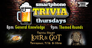 Nice guys pizza trivia night is on wednesday at 9pm. Thursday Trivia Lotr Got The Forge Tavern