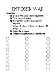 Integer War Teacherspayteachers Com Integers Introduction Activities War