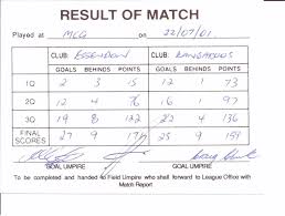 I guess it depends because i believe essendon scored 10 consecutive goals in the 2nd quarter. Afl Scorecard 22 07 2001