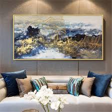 Abstract Cloud Landscape Painting Gold Lines Framed Wall Art Etsy Wall Art Pictures Wall Art Living Room Canvas Wall Art
