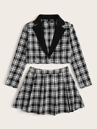 Black And White Plaid Skirt And Blazer Set Lapel Collar Plaid Crop Blazer Skater Skirt Set Shein Cropped Blazer Skirt Set Skater Skirt