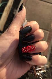 Black And Red Coffin Nails Acrylic Nails Nails Design With Rhinestones Black Coffin Nails Black Nail Designs