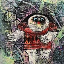 1970'S J. VICTOR SAMBRANO ABSTRACT SNOWMAN & BIRD OIL PAINTING ~PHILIPPINE  ART $149.99