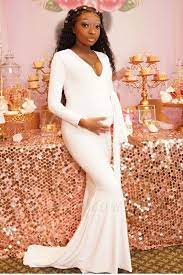 Cute V Neck Long Sleeves Floor Length White Baby Shower Dresses Formal Dresses With Sleeves Baby Shower Dresses Shower Dresses