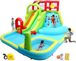 How to make a homemade water slide for kids with a tarp and a garden hose. Amazon Com Wellfuntime Inflatable Water Slide Park With Splash Pool Climb The Wall 3 Inflatable Sport Balls And 4 Water Guns Water Slide With Air Blower Sports Outdoors