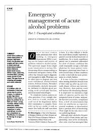 This is a screen shot of a *.pdf document. Emergency Management Of Acute Alcohol Problems Part 1 Uncomplicated Withdrawal Abstract Europe Pmc