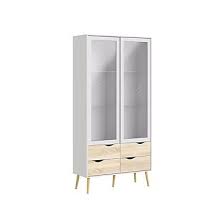 Vitrine 2 Portes 4 Tiroirs Oslo Blanc Chene Tiroir Meuble Rangement Tablette En Verre