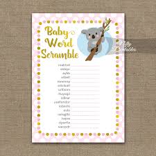 Print one sheet for each player, and one answer sheet for the host; Baby Shower Word Scramble Game Koala Pink Gold Nifty Printables