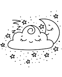This coloring sheet features a picture of a rainbow with a cloud at one end and a pot of gold on the other. Lovely Moon And Cloud Coloring Page Free Printable Coloring Pages For Kids