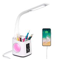 Donewin Led Desk Lamp With Usb Charging Port Pen Holder Study Light With Clock Calendar Study Lamp For Kids Girls Boys Eye Caring Desk Light For Office Work