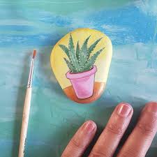Pebble Art Cactus Miniature Hand Painted Sea Rock With Aloe Vera Plant By Claudia Nanni Fine Art Cactus Aloevera Pebble Homedecor Sanat