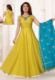 Yellow Chanderi Silk Readymade Floor Length Anarkali Suit 164277 Indian Gown Design Indian Gowns Dresses Long Gown Dress