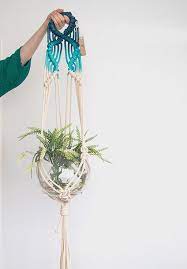 blue macrame plant hanger dyed pot holder hanging basket rope planter indoor terrarium leaf wall decor