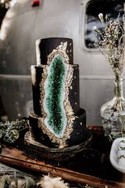 Black And Green Wedding Cake Intimate Airstream Wedding With Geode Macrame Details In 2020 Geode Cake Wedding Geode Wedding Unique Wedding Cakes