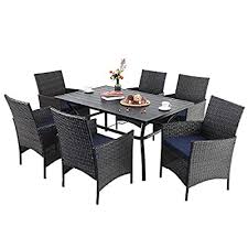 7 piece outdoor wicker dining set with umbrella hole. Buy Phi Villa 7 Piece Outdoor Dining Set For 6 Outdoor Rectangular Metal Dining Table With Umbrella Hole 6 Cushioned Rattan Wicker Chairs For Deck Yard Porch Online In Indonesia B08gc3yg3w