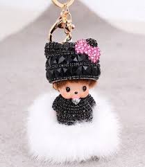 2016 New Popular Cute Inlay Crystal Dolls 15 Color Monchichi Keychain Fur Key Chain Car Key Ring Women Bag Access Fur Pom Pom Rabbit Fur Pom Pom Girls Keychain