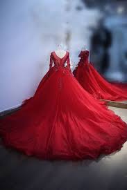 Cherry Red Lace Applique Long Sleeves Illusion V Neck Ball Gown Wedding Dress With Chapel Train Various Styles Red Ball Gowns Gowns Ball Gown Wedding Dress