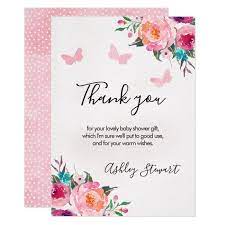Floral Butterflies Baby Shower Thank You Card Girl Zazzle Com In 2021 Baby Shower Thank You Cards Butterfly Baby Shower Personalized Baby Shower Invitations