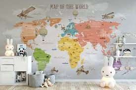Ucak Ve Sicak Hava Balonlu Dunya Haritasi Duvar Kagidi 2020 Bebek Odasi Mobilya Kiz Bebek Odalari Erkek Bebek Yatak