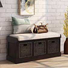 Add storage and plenty of coastal farmhouse charm to your entryway or bedroom with this shoe storage bench. Amazon Com Storage Bench With 3 Basket Drawers Rustic Entryway Bench Shoe Bench With Cushioned Seat For Entryway Hallway Mudroom Living Room Espresso Kitchen Dining