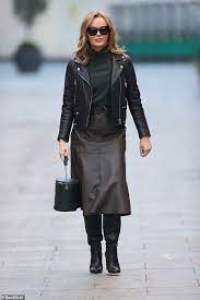 Amanda Holden Is Chic In A Leather Skirt As She Arrives At Heart Radio In 2021 Amanda Holden Leather Skirt Leather Midi Skirt