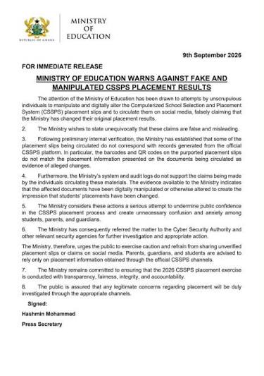 Ministry of education warns against fake cssps placement results Ghana 2026