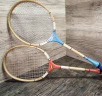 Set 2 vintage badminton racquets, racket, retro, red blue wood, decor, sport, equipment, display, tennis, old, distressed chippy, Regent
