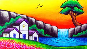 Drawing nature and landscapes : How To Draw Nature Scenery Of Waterfall Sunset And Houses Easy Waterfall Sunset Scenery Drawing Youtube