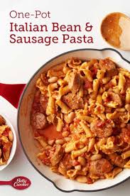 One Pot Italian Bean And Sausage Pasta Recipe Beans And Sausage Campanelle Pasta Recipes Italian Beans