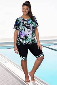 Chlorine Resistant Lilypad Long Bike Short Set Women Swimsuits Plus Size Swimwear Plus Size Swimsuits