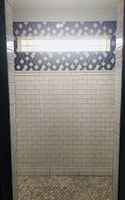 New Master Shower Floor Decor Mystic Lantern Glass Mosaic Tile And White Festival Subway Tile With Sanitary Trim Subway Tile Showers Floor Decor Shower Tile