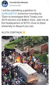 Jun 14, 2021 · a drug barron and a renowned bullion van thief can never be president of nigeria 90 likes 9 shares re: Tinubu S Bullion Vans Deji Adeyanju Petitions Efcc Crime