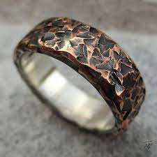 Hammered Heavily Texture Copper Ring Sterling Silver Lined Etsy Mens Wedding Bands Hammered Copper Wedding Band Mens Wedding Rings