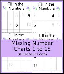 3 dinosaurs missing numbers chart 1 to 15