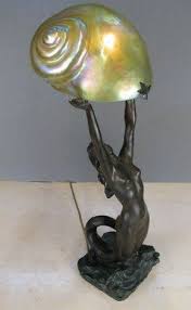 Antique Art Nouveau Bronze Mermaid Lamp Blown Glass Seashell Shade Art Nouveau Lighting Art Nouveau Lamps Art Deco Lamps