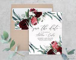 Protea Save The Date Printed Save The Date Marsala Floral Invitation Native Burgundy Fl Floral Wedding Invitations Card Box Wedding Floral Save The Dates