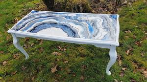 Reclaimed White Blue And Silver Resin Geode Coffee Table Crystal Table Agate Slice Table Resin Table Side Table Resin Table Blue And Silver Gold Wood