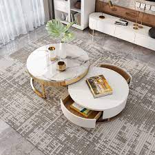 Modern White Round Stone Nesting Coffee Table With 2 Drawers Marble Coffee Table Living Room Round Coffee Table Modern Living Room Coffee Table