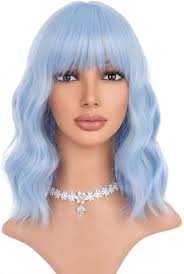 Amazon.com: BERON Women Girls Short Curly Wavy Wig with Flat Bangs Rose Net  for Party Halloween Cosplay (Sky Blue) : Clothing, Shoes & Jewelry