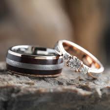 Meteorite Wedding Ring Set Moissanite Engagement Ring With Petrified Wood Wedding Band 3552 Cool Wedding Rings Meteorite Wedding Rings Unique Engagement Rings