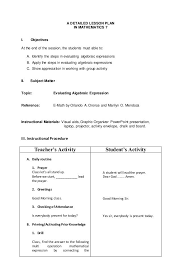 A Detailed Lesson Plan In Mathematics 7 I Objectives At The End Of The Session Lesson Plan Examples Evaluating Algebraic Expressions Algebraic Expressions