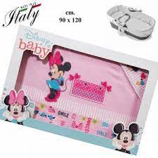 Completo Lenzuola Neonati Per Culla Carrozzina 100 Cotone Cm 90 X 120 Disney Minnie 0316 Rosa Chiaro Baby Disney Baby Smiles Baby