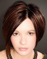 Asymmetrical Short Hairstyle With Brown Highlights On Dark Hair Dark Hair With Highlights Oval Face Hairstyles Short Hair Highlights