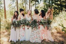 Boho Cabin Wedding At Bodega Ridge Junebug Weddings Floral Bridesmaid Dresses Floral Bridesmaid Boho Bridesmaid